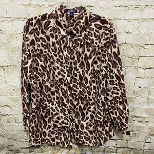 Roamans Beige Brown Cheetah Print Button Up Shirt